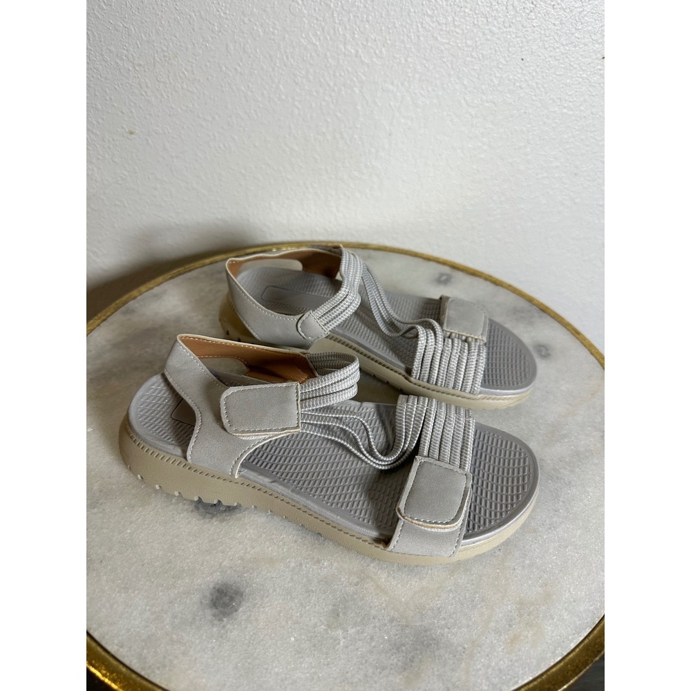 Womens Grey Strappy Athletic Walking Sandals Comfort Hook Loop